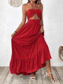 SHEIN VCAY Women's Solid Color Ruffle Trim Halter Neck Casual Vacation Summer Dress - Red - View 4