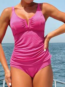 SHEIN Swim Ladies' Solid Color Simple Daily Tankini Set Summer - Hot Pink - View 6