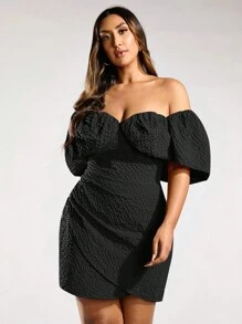 SHEIN BAE Plus Size Women's Textured Puff Plaid Fabric Purple Summer Sweet Party Elegant Puff Sleeve Short Dress