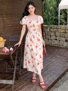 DAZY Damen Sommerkleid mit floralen Drucken, aufgebauschten Ärmeln und geraffter Taille, Strandkleid für den Urlaub - Verschiedenfarbig - Übersicht 1