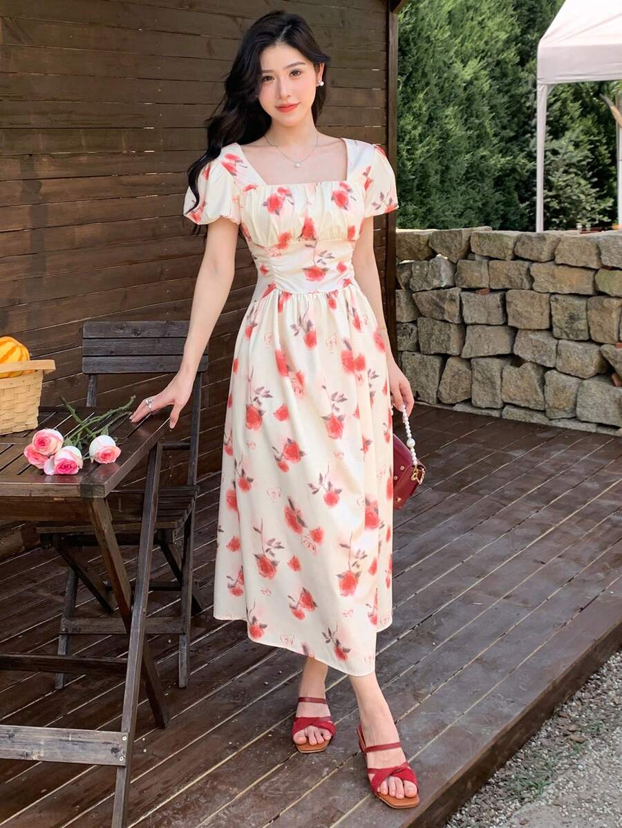 DAZY Đầm hè tay phồng in hoa dành cho nữ, có phần eo thắt, thích hợp cho kỳ nghỉ. - Nhiều màu - Xem 1