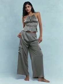 MISSGUIDED Satin Gathered Waist Halter Neck Top And Wide Leg Pants With Cargo Pockets Co-Ord - Army Green - View 4