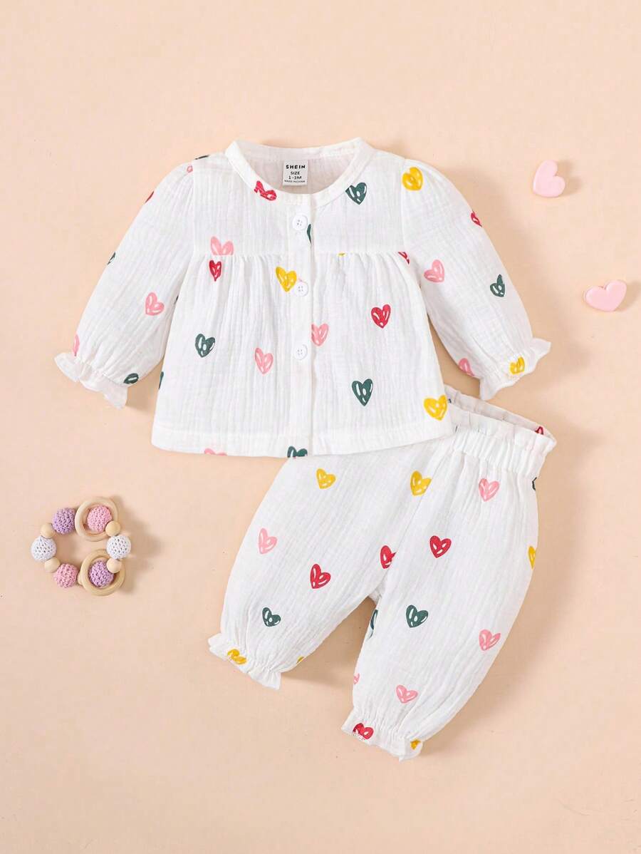 SHEIN Baby Girl's Spring/Summer Heart Printed Gauze Long-Sleeved Two-Piece - White - View 1