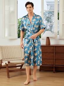 Men's Tropical Plant Printed Short Sleeve Casual Sleepwear/Robe For Vacation - Multicolor - View 3