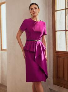 MOTF PREMIUM SOLID PEPLUM WAIST DRESS WITHOUT BELT - Purple - View 4