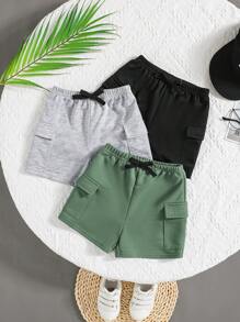 SHEIN 嬰兒男女三件套，簡約時尚拼接設計短褲，帶裝飾繩和彈性腰帶，適用於夏季