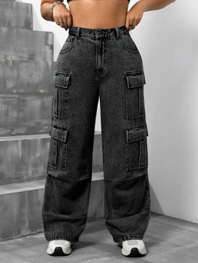 SHEIN ICON 大码休闲日常男友风牛仔裤，带口袋设计