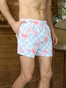 Manfinity Shorts de playa holgados para hombre con estampado de flamencos y cintura con cordón