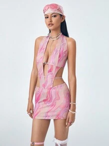 GIOIA TANG Artist Y2K Casual Printed Backless Slim Fit Sleeveless Women's Mini Summer Dress, Holiday, Party Outfit, Birthday Outfits, Festival, Western Wear, Prom Dress