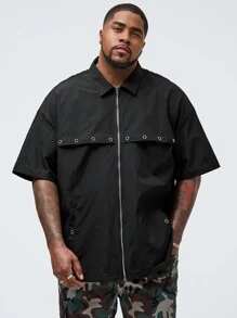 Manfinity VCAY 男士加大號編織休閒寬鬆短袖立領拉鍊前綴時尚襯衫 - 黑色 - 查看 5