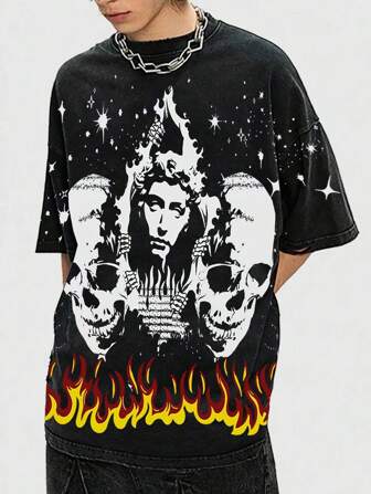 Grunge Punk Herren Vintage Totenkopf Feuer gewaschen Kurzarm T-Shirt