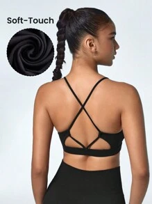 SHEIN Sports 女士單色交叉背運動胸圍 - 黑色 - 查看 1