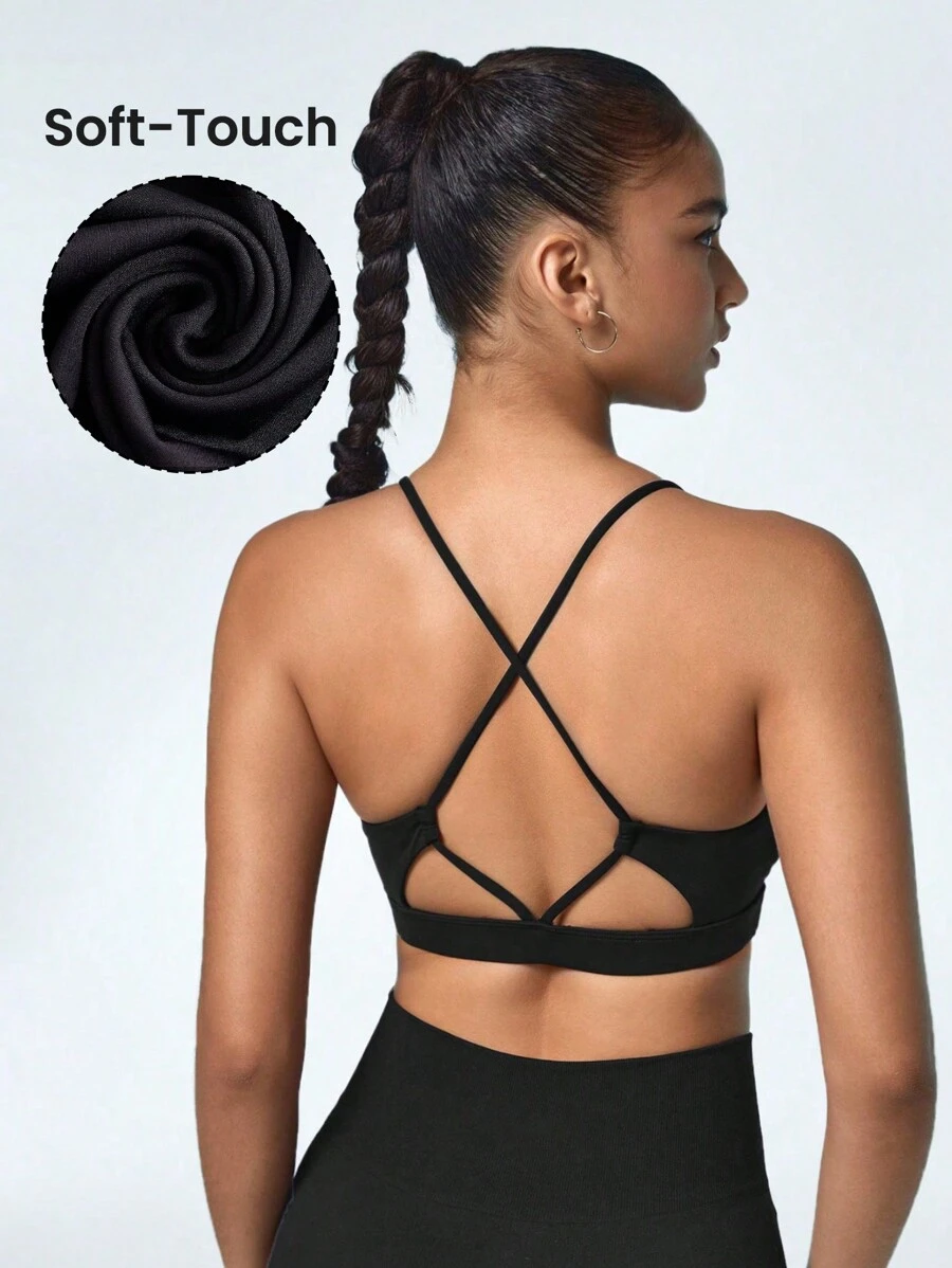 SHEIN Sports 女士單色交叉背運動胸圍 - 黑色 - 查看 1
