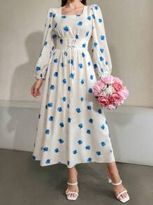 Modelyn Đầm Maxi Tay Lồng Đèn Hoa Mùa Hè Cho Nữ Có Cổ Vuông Và Thắt Lưng Eo - Màu xanh lam - Xem 6