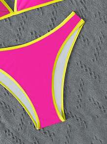 SHEIN Swim Bãi biển mùa hè dành cho nữ Tương phản neon Viền chéo lưng Bộ bikini dây gợi cảm Bộ đồ tắm - Màu Hồng Tươi - Xem 4