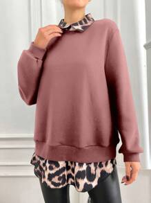SHEIN Cottnline Plus Size Leopard Print Spliced 2 in 1 Sweatshirt - Baby Pink - View 4