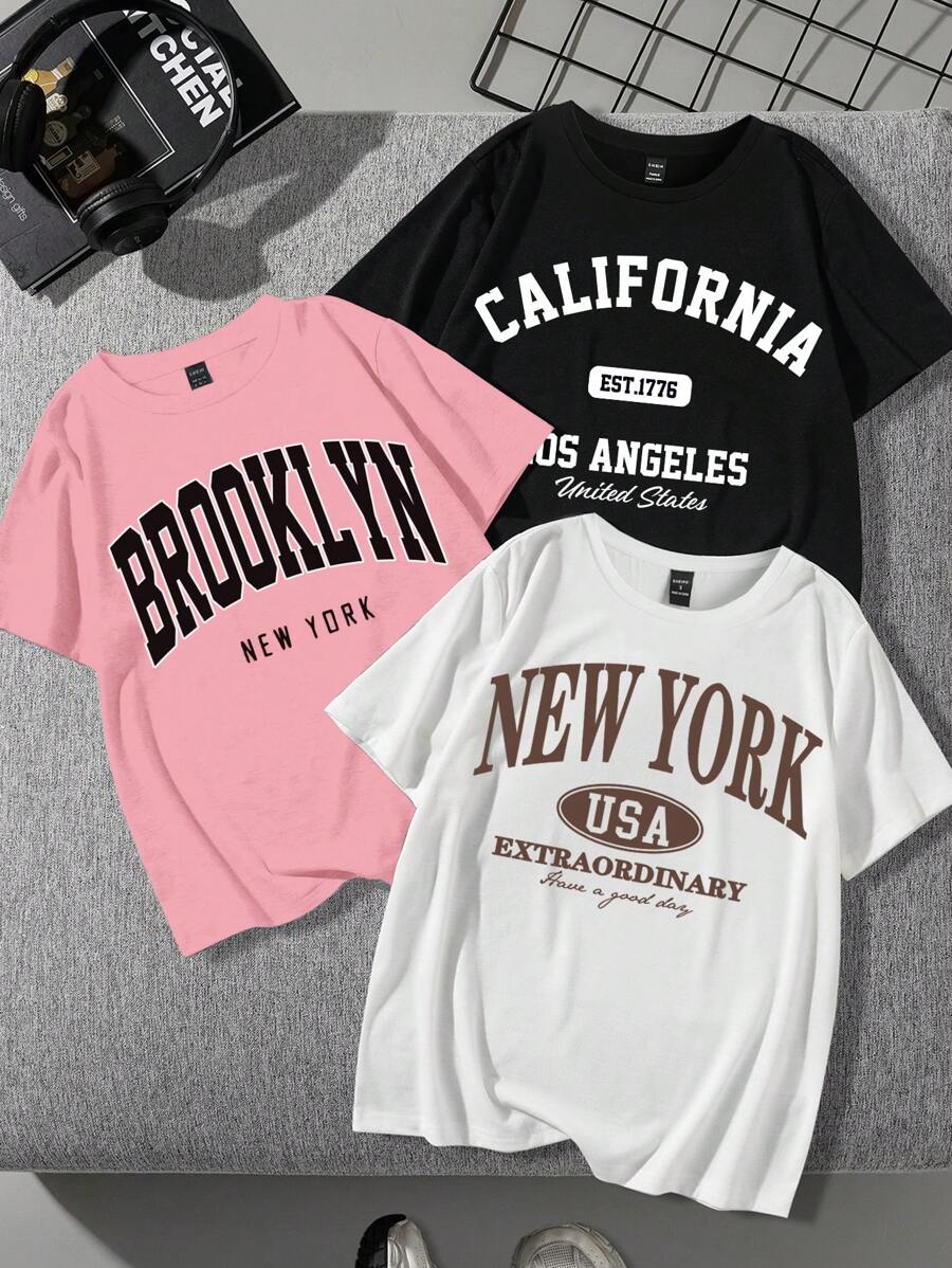 Attitoon 3pcs/Set Casual Minimalist Brooklyn New York California English Graphic Round Neck Loose Fit Short Sleeve T-Shirts For Women, Suitable For Summer - Multicolor - View 1