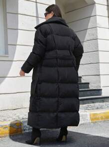 EURMUSE Plus Casaco longo feminino com cinto e cor sólida, para o inverno - Preto - Ver 2