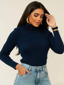 Áo len dệt kim có gân cao cổ trơn Slim Fit - Màu xanh ngọc - Xem 3