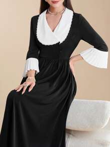 Modelyn Elegant Colorblock Waist Cinching Women's Spring/Summer Dress - Black and White - View 2