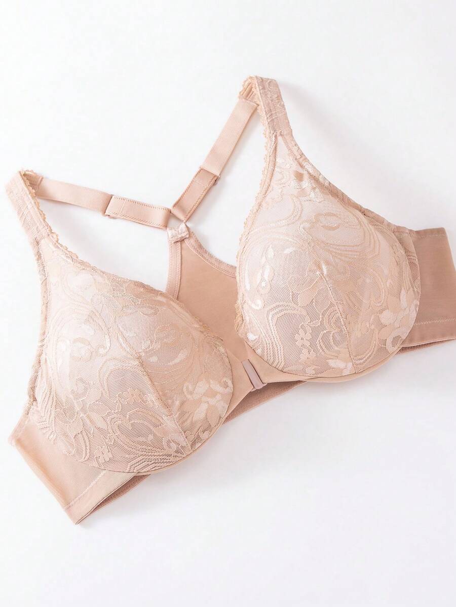 حمالة صدر بإغلاق أمامي بذراع رياضية حجم زائد بدون أسلاك مع دانتيل زهري - لون مشمشي - مشاهدة 1