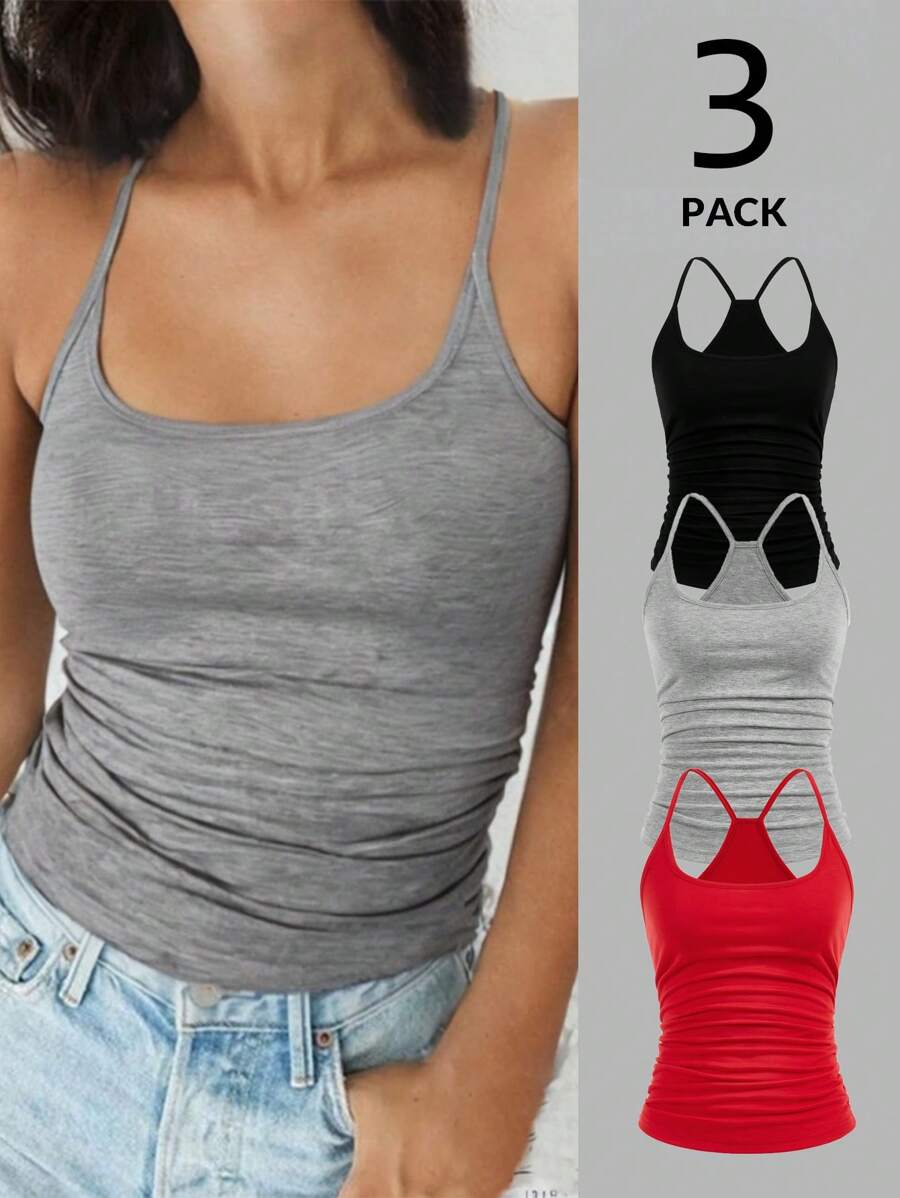 SHEIN LUNE 女式休閒純色多入組吊帶衫，背心，適用於夏季 - 彩色 - 查看 1