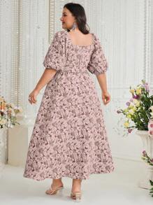 Modelyn Plus Size Women's Fashionable And Elegant Printed Waist Cinched Puff Sleeve Dress Long Evening Dresses - Pink - View 2