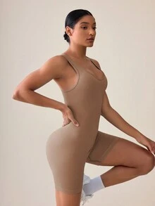 Easithlete Enterizos sin costuras de punto acanalado de verano para mujer de unicolor para deportes - Caqui - Ver 3