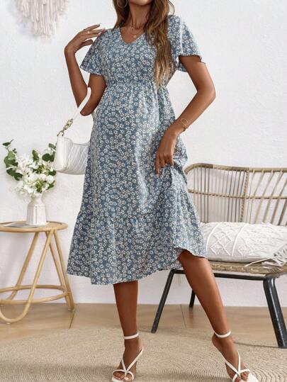 SHEIN Maternity Vacation Casual V-Neck Ditsy Floral Dress