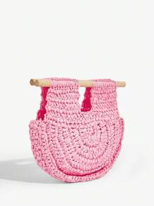 SHEIN SXY Sac fourre-tout à la mode pour femmes en paille tissée orange, idéal pour la plage, les vacances, l'été, les adolescents - Rose bonbon - Voir 4