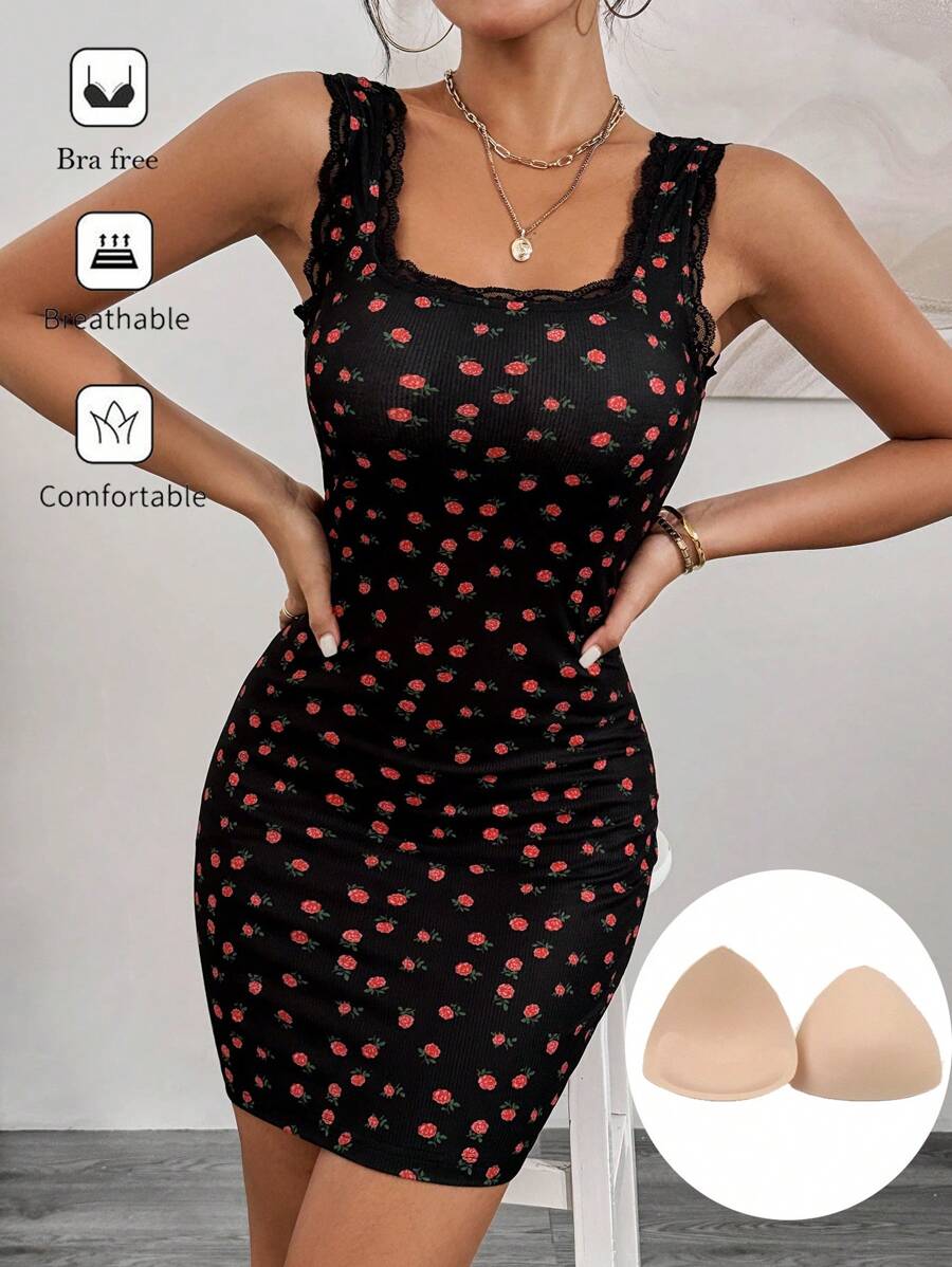 SHEIN Essnce Women's Allover Print Bra Free Summer Dress With Square Neckline, Wide Strap, Sleeveless And Elastic Waist Floral Swimsuit Cherry Dress Going Out - Multicolor - View 1