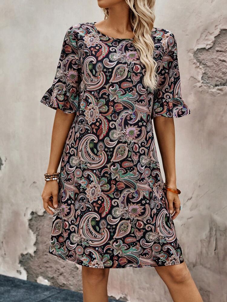 Women's Casual Loose Fit Cashew Print Round Neck Ruffle Sleeve Short Dress, Suitable For Vacation