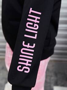 SHEIN Explorewe Tween Girl Car Back & Star Sleeve Letter Print Sweatshirt - Black - View 4