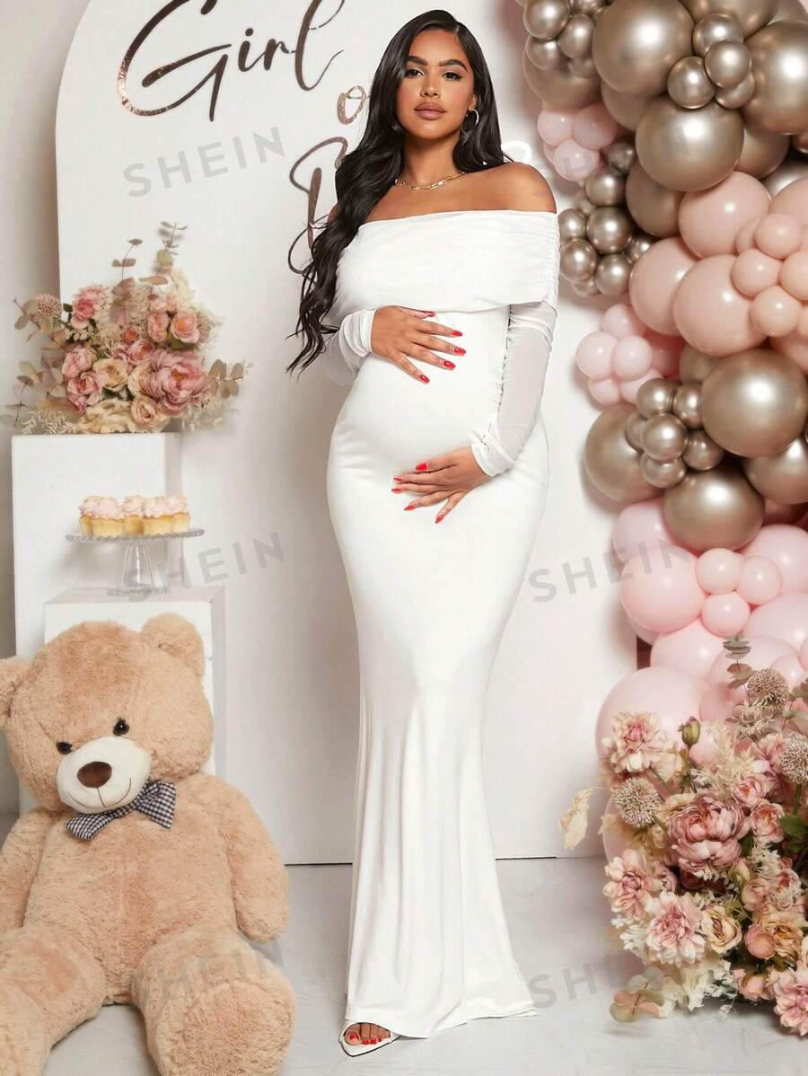 Loomaby Elegante vestido de fiesta de sirena con hombros descubiertos y drapeado para embarazadas para fiesta de baby shower
