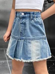 SHEIN Explorewe 女童休閒復古破邊褶皺牛仔裙 - 中等水洗藍 - 查看 5