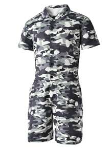 Manfinity LEGND Men's Front Button Closure Camo Short Sleeve Romper With Pockets, Summer And Cargo Pants - Black - View 2