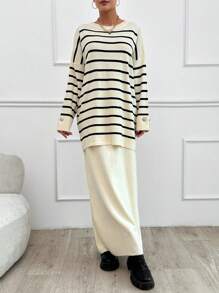 SHEIN Tall Striped Pattern Drop Shoulder Sweater & Knit Skirt - Black and White - View 6