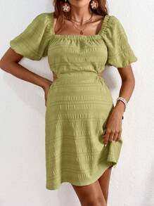 SHEIN Vestito da Maternità Elegante Per La Gravidanza Con Maniche a Palloncino, Schiena Scavata E Gonna Aderente Alla Vita per le Vacanze - Verde - Visualizzare 3