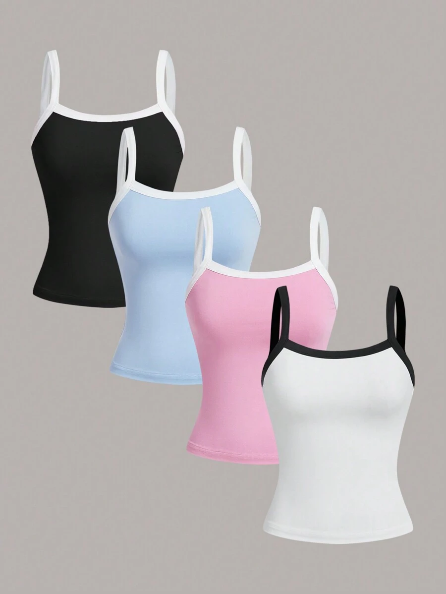 SHEIN Girlism Áo ba lỗ thể thao tập luyện màu sắc mùa hè TEENGIRL, bộ 4 áo ba lỗ tennis dệt kim màu trắng hồng xanh - Nhiều màu - Xem 1