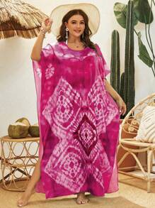 SHEIN Swim Curve 大尺碼圓領蝙蝠袖休閒度假罩衫上衣 - 玫紅色 - 查看 4