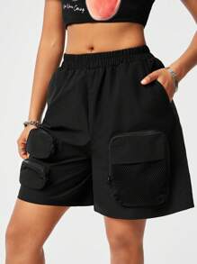 SHEIN EZwear Women's Multi-Pocket Zipper Casual Loose Street Style Solid Color Shorts For Spring/Summer - Black - View 5