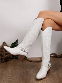 Kendall Jenner風格刺繡靴，2024歐美新款女士復古膝高牛仔靴，厚跟 - 白色 - 查看 6