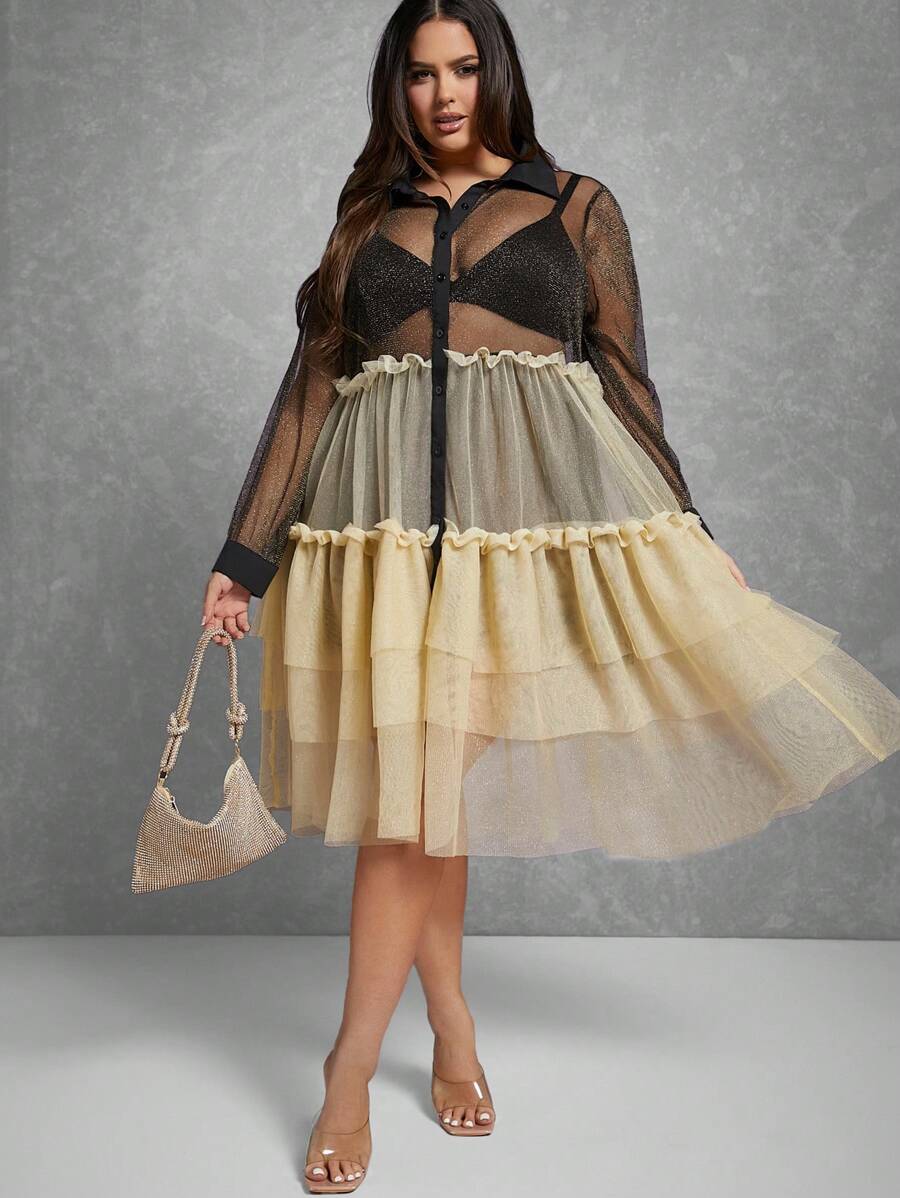 Hauture Plus Colorblock Ruffle Glitter Dress - Multicolor - View 1