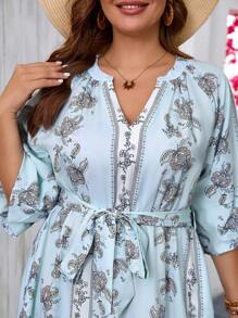 SHEIN VCAY Plus Size Vacation Sky-Blue Retro Printed Women's Summer Dress, Teacher Clothes - Multicolor - View 6