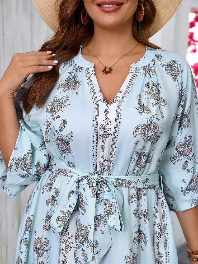 Plus Size Vacation Sky-Blue Retro Printed Women's Summer Dress, Teacher Clothes