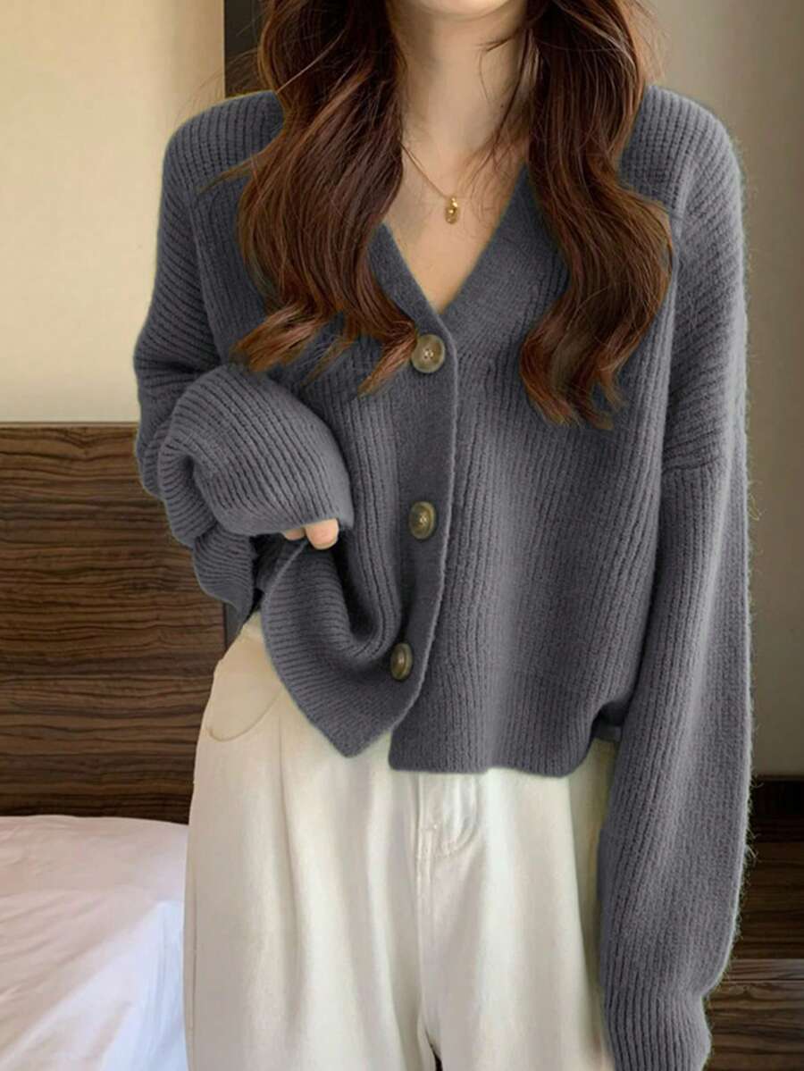 经典简约 V 领开衫，百搭款式，长袖上衣 - 灰色 - 查看 1
