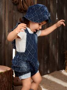 SHEIN 寶寶女孩春夏新款2件套裝配帽子，美式西部風格鄉村度假格紋丹寧花邊優雅迷人可愛日常休閒連體褲 - 彩色 - 查看 7