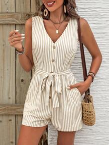 SHEIN LUNE Women's Striped Printed Simple Daily Jumpsuit - White - View 1