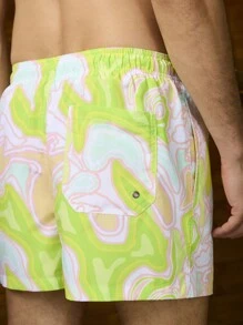 Surfspeed Shorts Masculina para Praia com Cós de Cordão e Estampa em Mármore para Férias - Amarelo - Visão 5