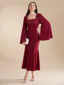 Modelyn Burgundy Red Women's Summer Solid Color Square Neck Flared Sleeve Pleated Party Matching Dress, Evening Party Dress Long Evening Dresses